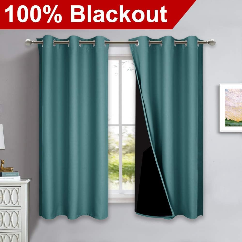 NICETOWN 100% Blackout Curtain Panels, Thermal Insulated Black Liner Curtains for Nursery Room, Noise Reducing and Cold Blocking Drapes for Windows (Set of 2, Sea Teal, 42-inch Wide x 63-inch Long)