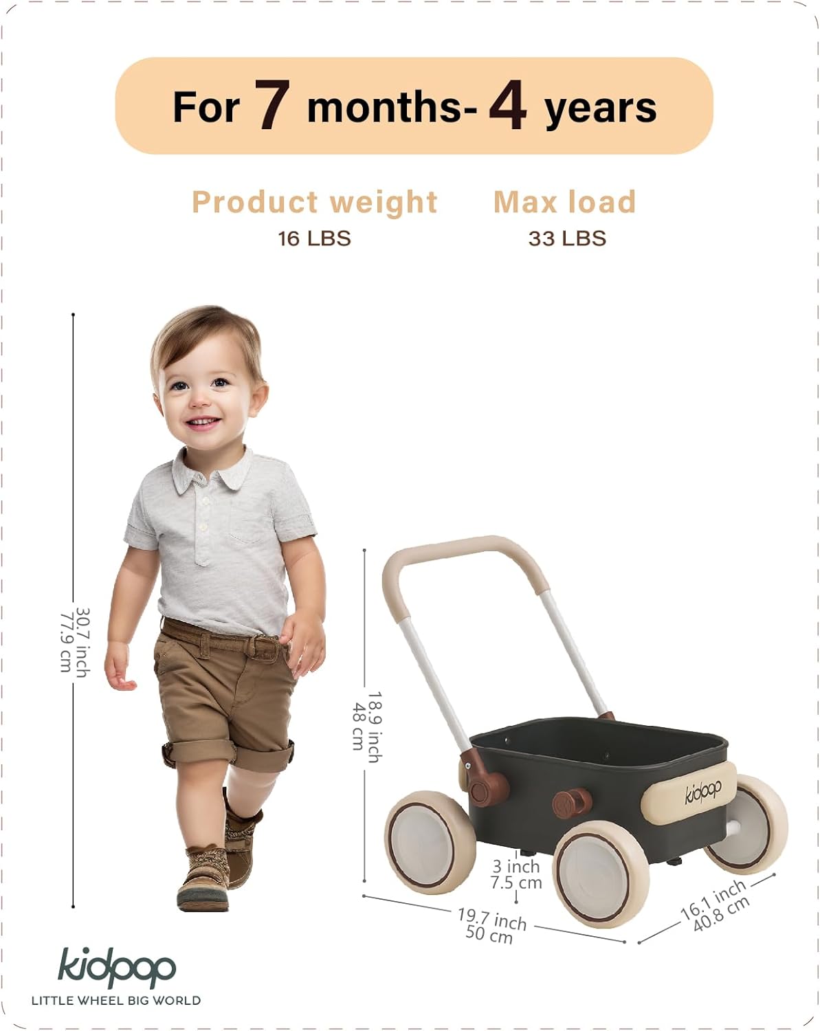 PULA Baby Push Walker with Wheels Toddler Wagon for First Learner Baby Toys 6-12 Months, 1 Year Old Birthday Gifts, Indoors and Outdoors (Black)