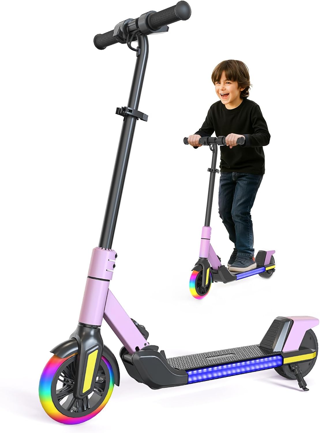 Foldable Children's Electric Scooter (Ages 6-14) - Top Speed 16 km/h, Maximum Range 8 km, 7-inch Illuminated Front Wheel, 6-inch Solid Rear Wheel