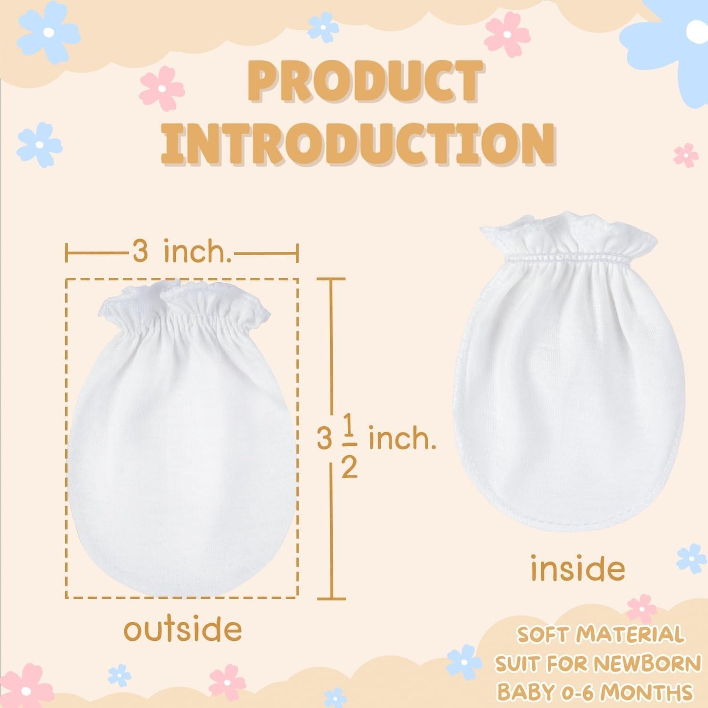 RATIVE Newborn Baby Cotton Gloves Sleep Sleeping No Scratch Mittens Mitts Set for 0-6 Months Unisex Neutral Boys Girls (6 pairs/white)