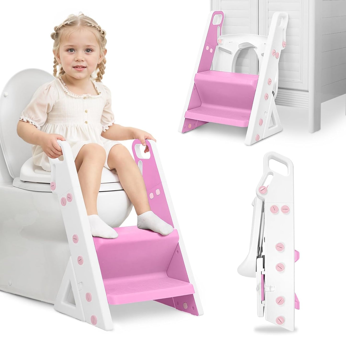 Easy Storage Potty Training Seat with Ladder, Adjustable Step and Toilet Seat Height, Easy-Grip Handles for Climbing, Foldable Portable Toddler Toilet Trainer, Perfect for Small Bathrooms
