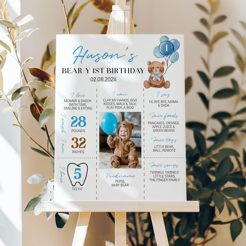 Generic Personalized Beary First Birthday Milestone Poster, Teddy Bear Photo Milestone Sign, Boho Bear Blue Party Stats Board, Design 06