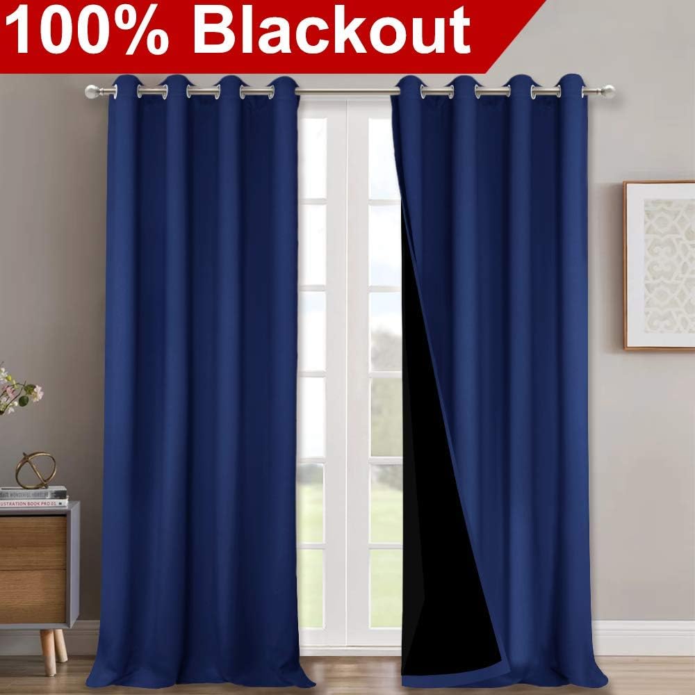 NICETOWN 100% Blackout Curtains 108 inches Long, Noise Reduction Window Treatment Curtains, Thermal Insulated Energy Smart Drapes and Draperies for Apartment Decor, Royal Blue, Set of 2, 52 inches W
