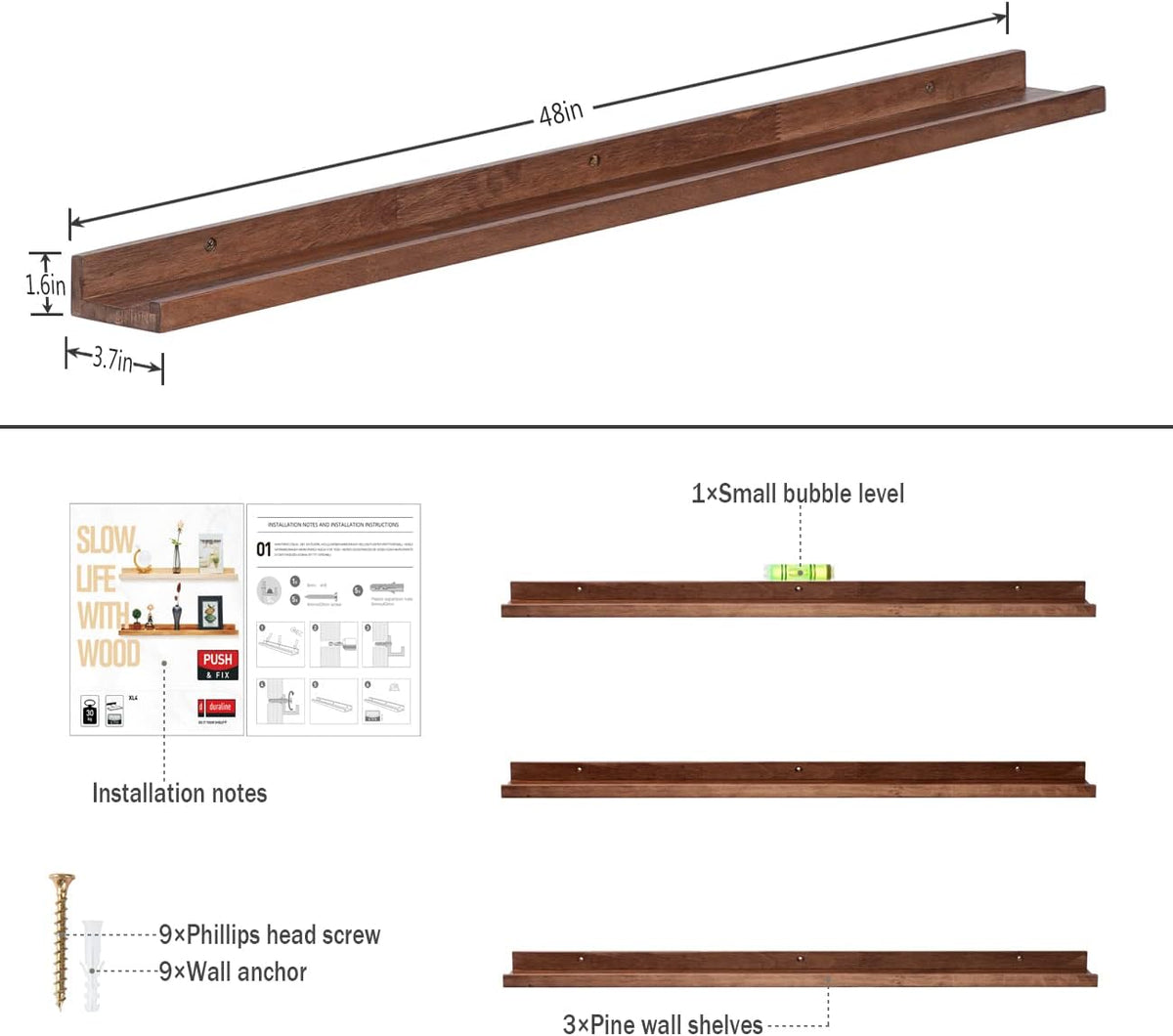 AZSKY Floating Wood Wall Shelves Light Walnut 48 Inch Long Hanging Picture Photo Ledge Shelf Rustic Modern Narrow Shelves for Wall Decor Storage and Display Nursery Book Shelves a Set of 3