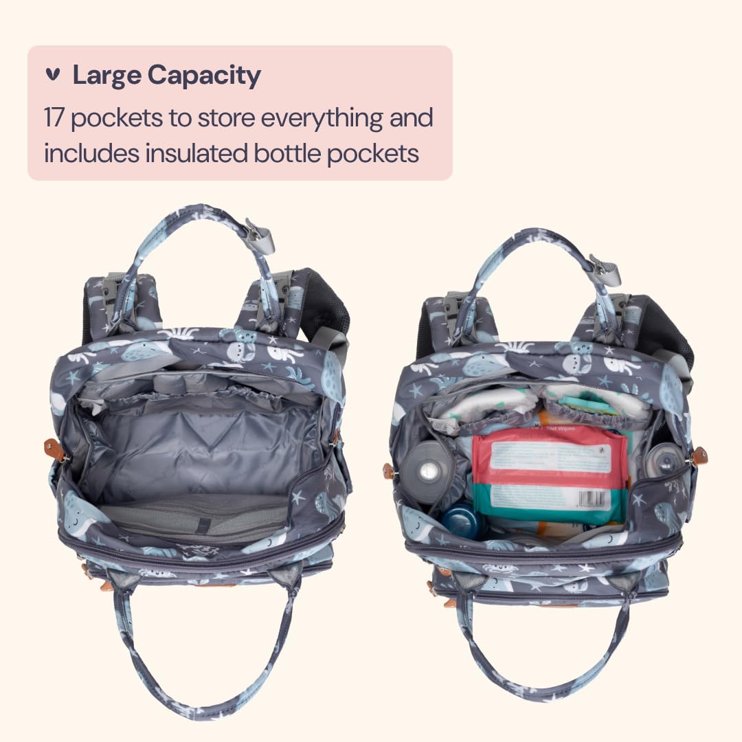 BabbleRoo Diaper Bag Backpack - Baby Essentials Travel Tote - Multi Function Waterproof Diaper Bag, Travel Essentials Baby Bag with Changing Pad, Stroller Straps & Pacifier Case - Unisex, Sea Animals