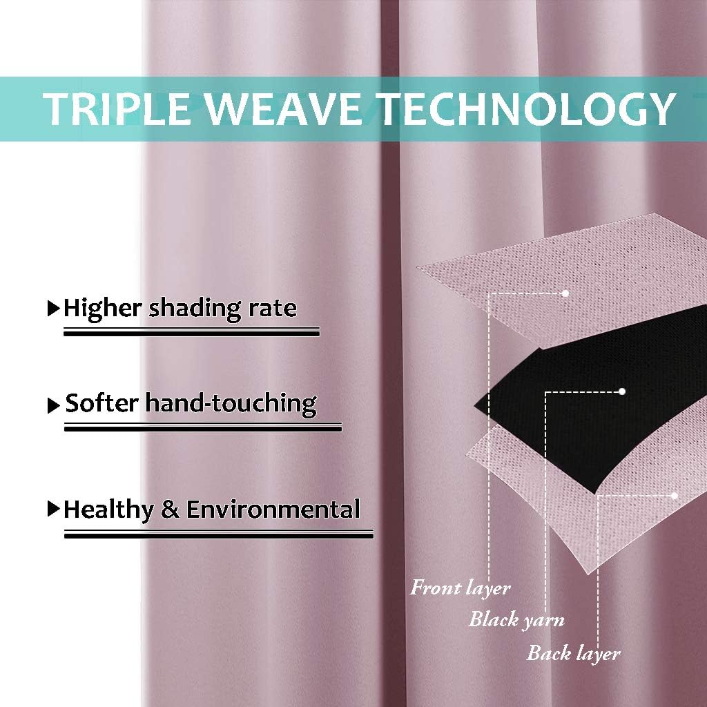 NICETOWN 100% Blackout Window Curtain Panels, Baby Pink, 2 Pieces, 70-inch Wide Per Panel, Full Light Blocking Drapes with Black Liner for Nursery, 72-inch Drop Thermal Insulated Draperies