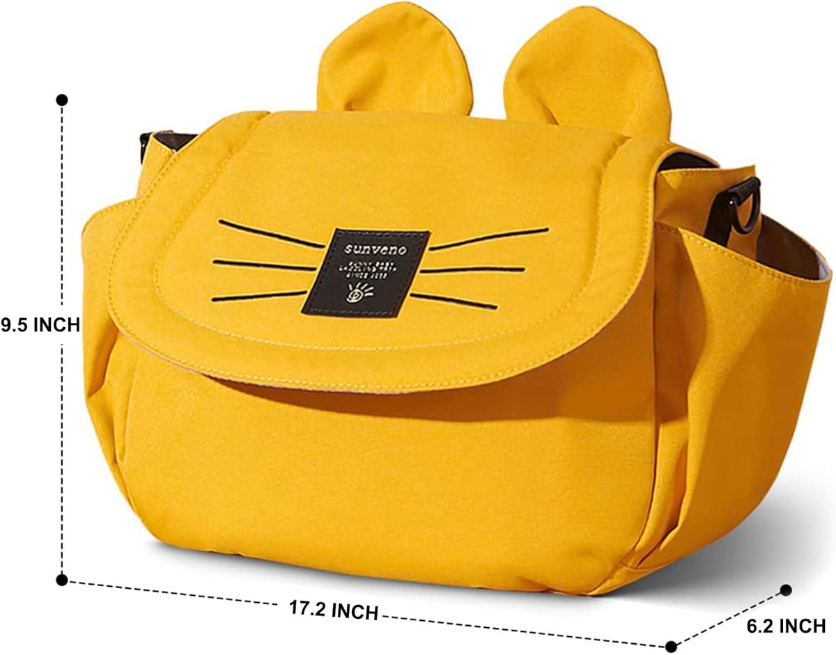 SUNVENO Universal Stroller Organizer with Cup Holder and Shoulder Strap, Cute Cartoon Cat Design, Diaper Bag with Multiple Inner Pockets, Fits Uppababy, Baby Jogger, Britax & Pet Strollers,Yellow