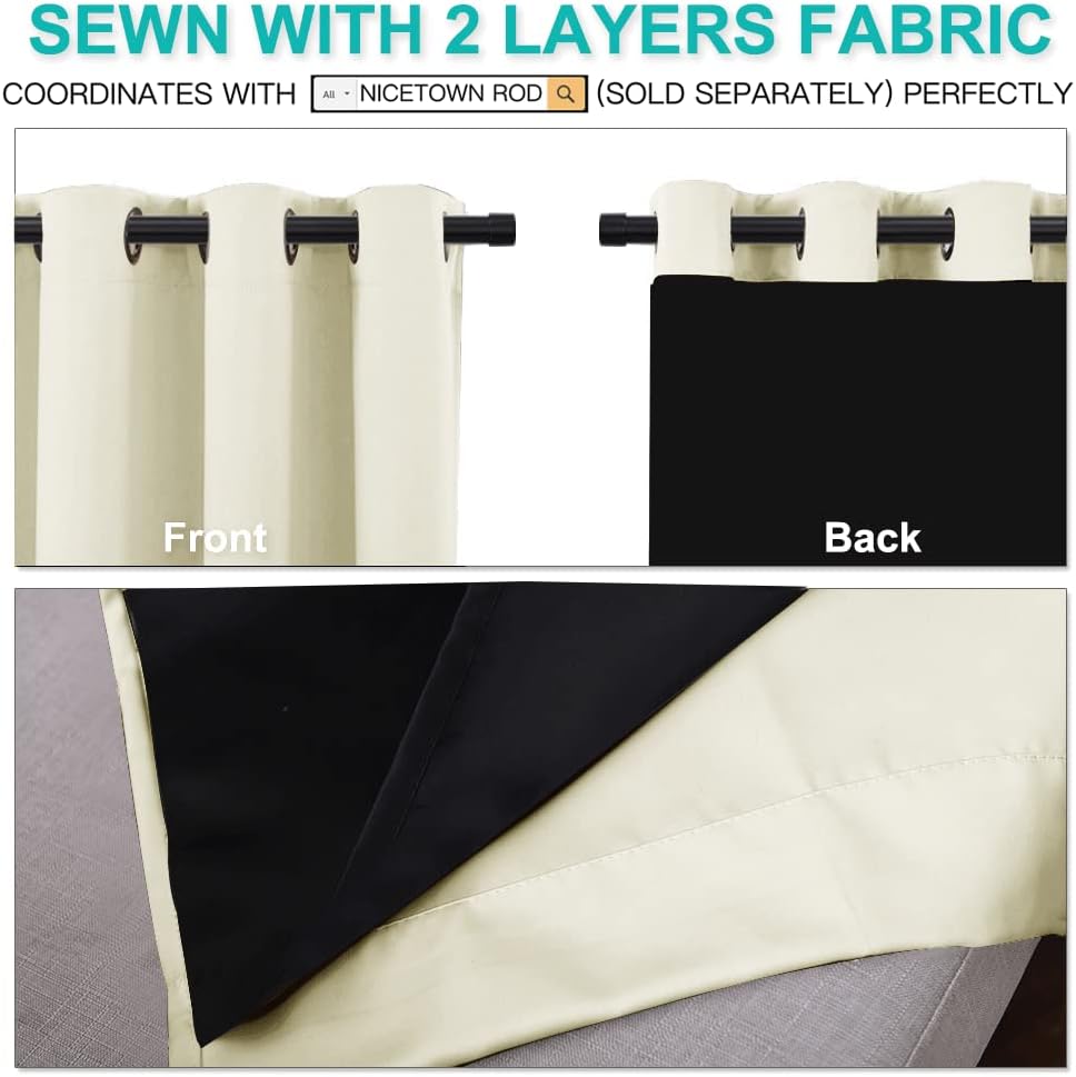 NICETOWN Living Room Completely Shaded Draperies, Privacy Protection & Noise Reducing Ring Top Drapes, Black Lined Insulated Window Treatment Curtain Panels(Beige, 2 Pieces, W70 x L108)