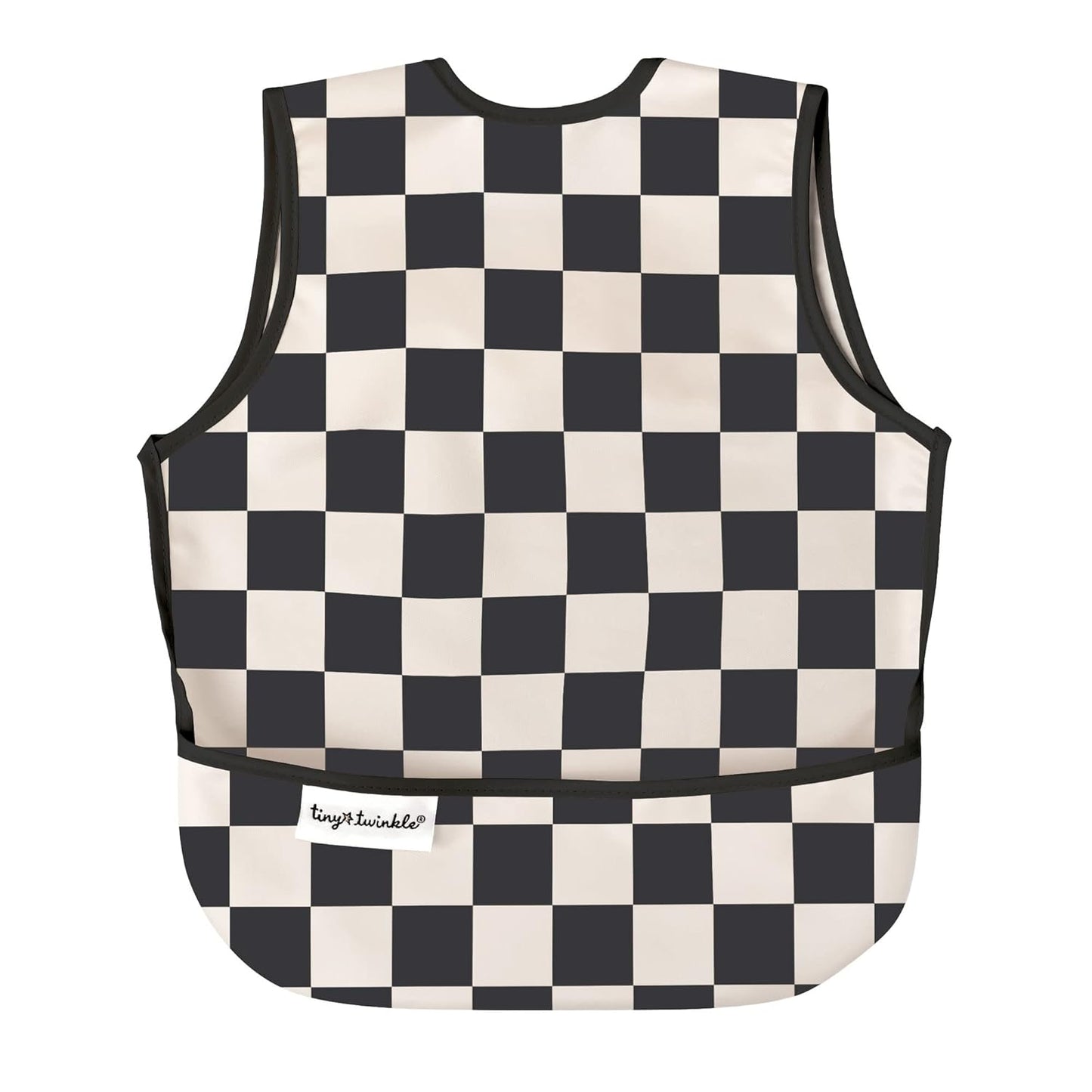 Tiny Twinkle Mess Proof Baby Bib - Waterproof & Lightweight Baby-Led Weaning Apron | 100% Recycled Polyester, Easy Clean & Machine Washable (Black Checkers, Small 6-24 Months)
