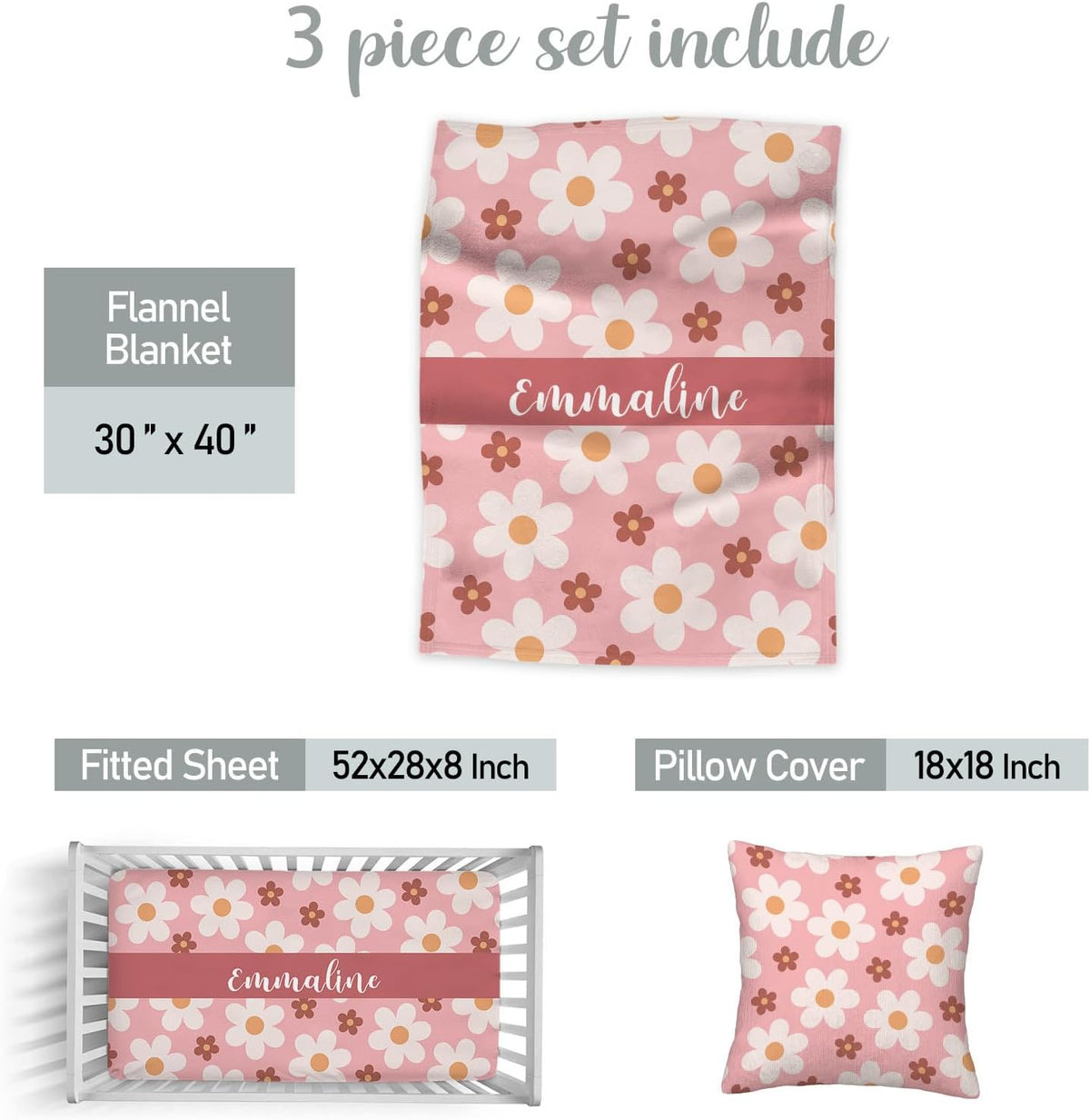 Custom Name Crib Bedding Set for Baby Girls – Personalized Pink Flower 3-Piece Nursery Bedding with Blanket, Fitted Sheet & Pillowcase – Baby Infant Toddler Shower Gift