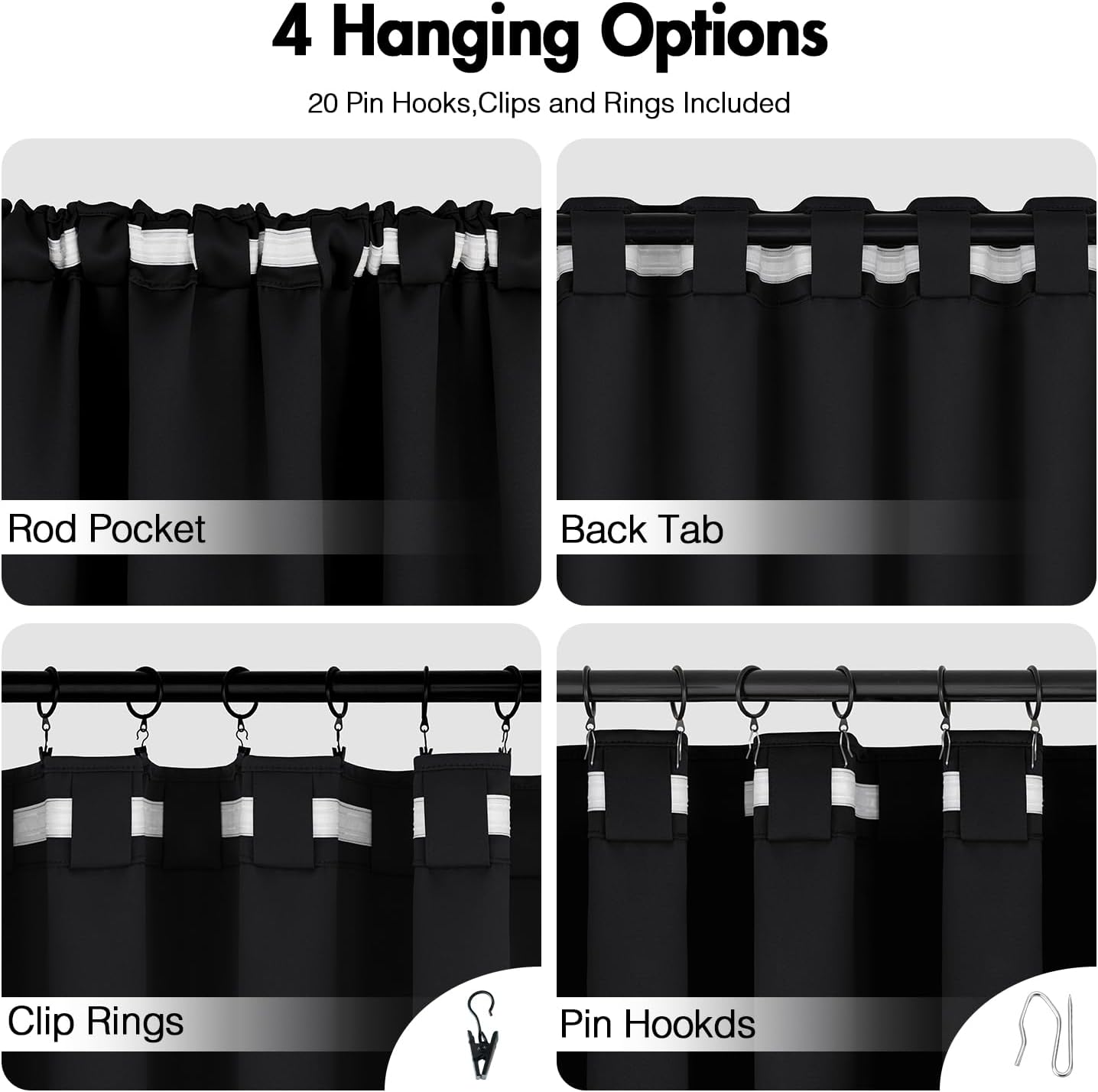 ANRODUO Back Tab Blackout Curtains for Bedroom Living Room, Rod Pocket Pinch Pleated Thermal Insulated Room Darkening Curtains 120 Inches Long 2 Panels, Black, 52 x 120 Inch