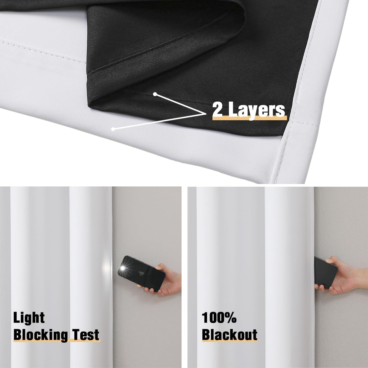 ChrisDowa White 100% Blackout Curtains for Bedroom with Black Liner, 2 Thick Layers Total Blackout Thermal Insulated Grommet Small Window Curtains 2 Panels Set (Pure White, 42 x 45 Inch)