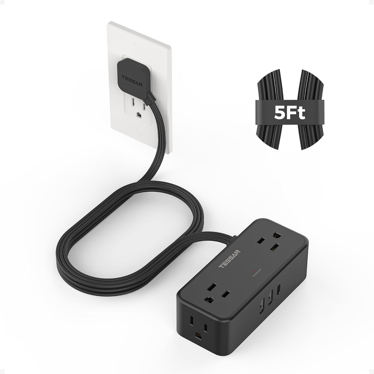 Black Extension Cord 5 Ft, TESSAN Flat Surge Protector Power Strip with 4 Wide Spaced AC Outlets 3 USB Ports (1 USB C), Ultra Thin Flat Plug with 900J Surge Protection, Office Dorm Room Essentials