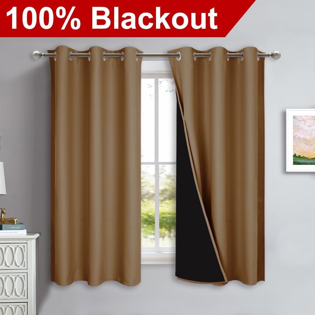 NICETOWN 100% Blackout Short Curtains with Black Liners, 2 Panels, 37" W by 50" L, Gold Brown, Solid Thermal Insulated Full Blackout 2-Layer Lined Drapes, Energy Efficiency Window Drapes for Bedroom
