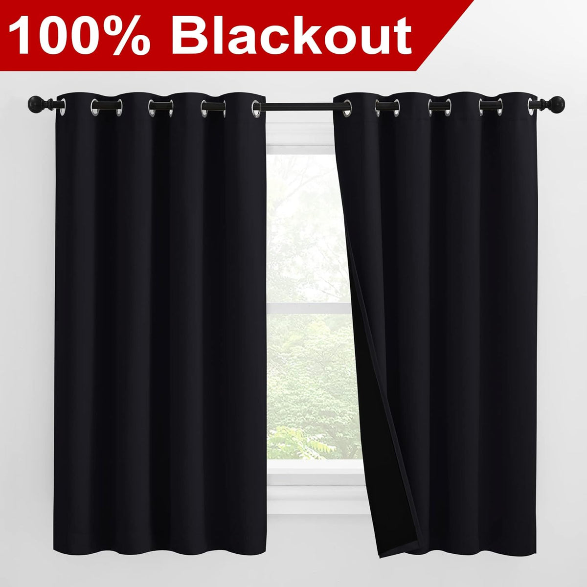 NICETOWN Truly Blackout Curtains 57 inches Length, 2 Thick Layers Completely Blackout Window Treatment Thermal Insulated Lined Drapes for Basement Window (Black, 1 Pair, 55 inches Width Each Panel)