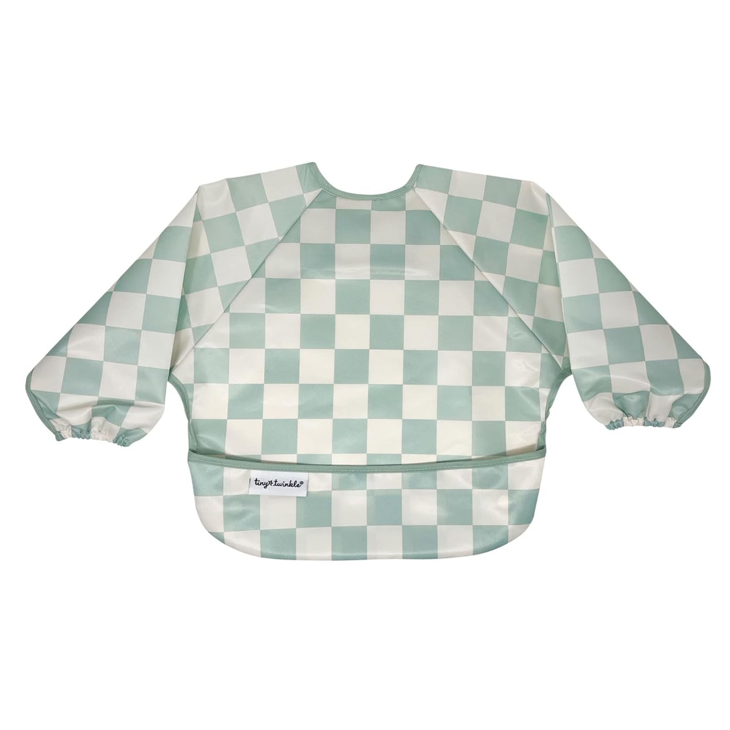 Tiny Twinkle Mess Proof Baby Bib,Waterproof Smock Baby Bib for Eating,Machine Washable Long Sleeve Bib,Baby Led Weaning,Toddler Bib (Checkers Sage, Large 2-4 Years)
