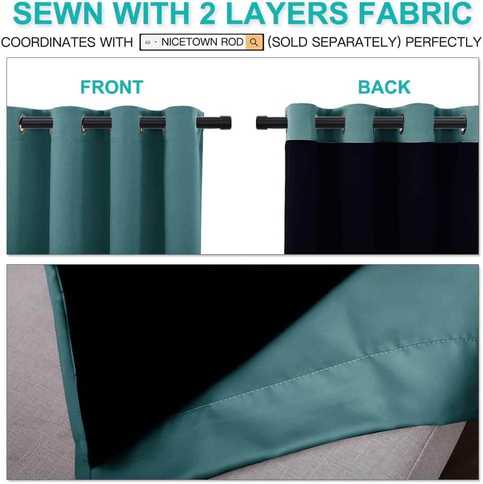 NICETOWN 100% Blackout Curtains 108 inches Long, Noise Reduction Window Treatment Curtains, Thermal Insulated Energy Smart Drapes and Draperies for Apartment Decor, Sea Teal, Set of 2, 70 inches Wide