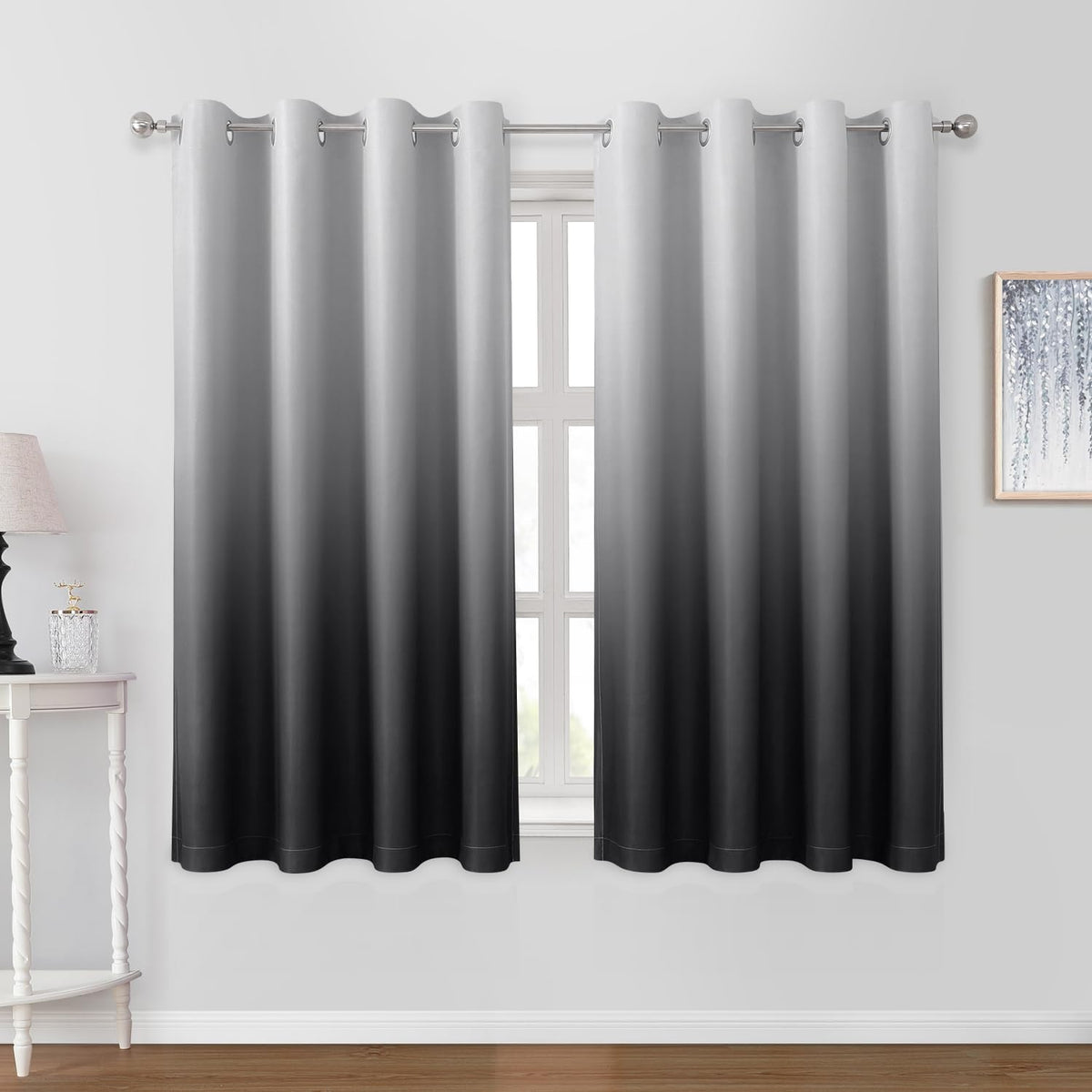 HOMEIDEAS Black Ombre Blackout Curtains 52 X 63 Inch Length Gradient Room Darkening Thermal Insulated Energy Saving Grommet 2 Panels Window Drapes for Living Room, Bedroom