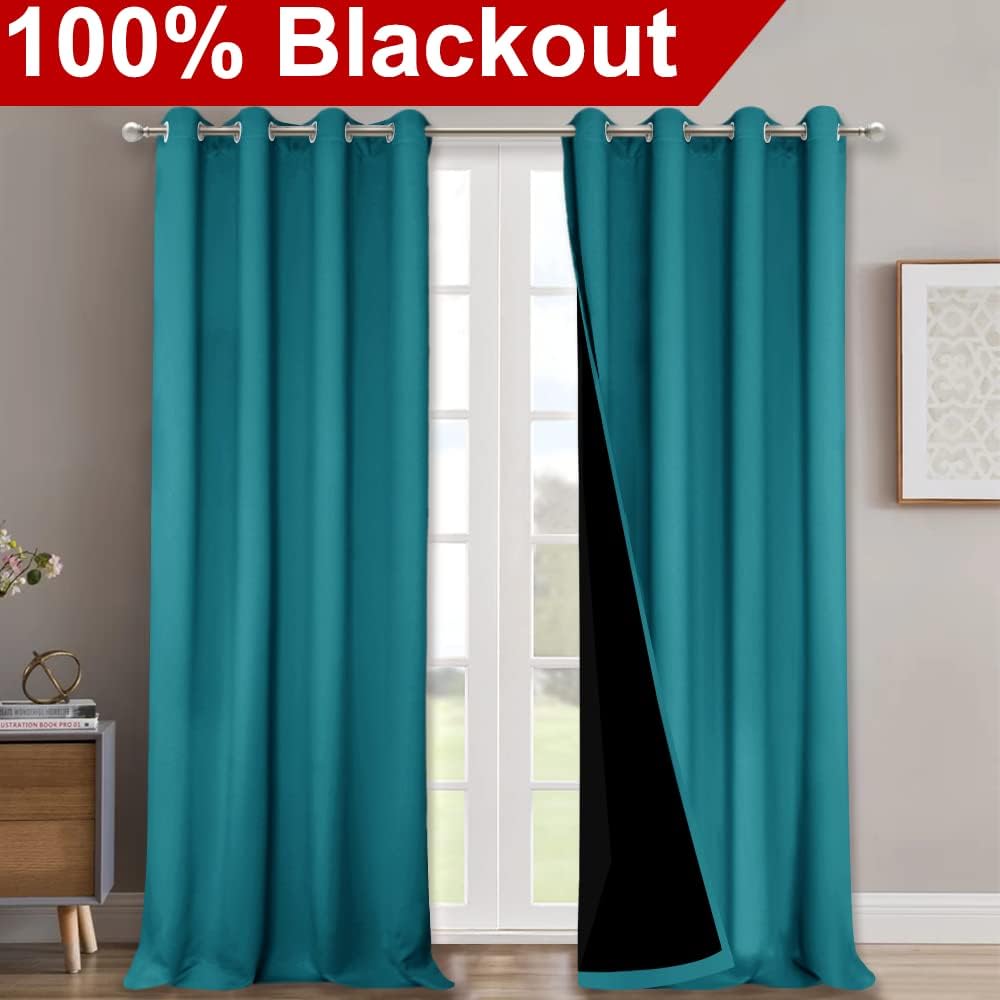 NICETOWN 100% Blackout Curtains for Windows, Pack of 2, Peacock Teal, 52" W x 102" L, Super Heavy-Duty Black Lined Total Darkness Drapes for Bedroom, Privacy Assured Window Treatment for Patio