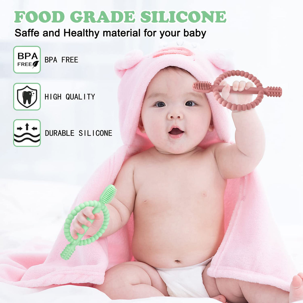 Baby Teething Toys with Easy-Hold Handle, Silicone Infant Toothbrush, Textured On Both Sides Helps Massage, Soothe Sore Gums, Teething Toys for Babies 0-6 Months, 6-12 Months Bright Green & Caramel