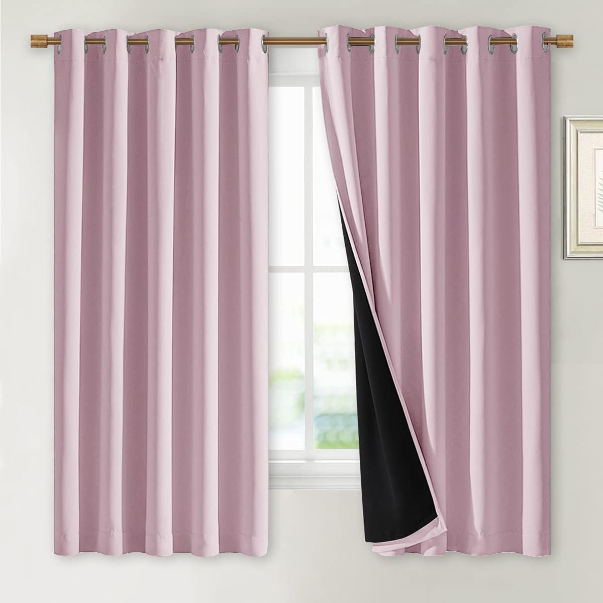NICETOWN 100% Blackout Lined Curtains, Baby Pink, 1 Pair, 62" Width x 63" Length Each Panel, 2 Thick Layers Completely Blackout Window Treatment Thermal Insulated Drapes for Kitchen/Bedroom