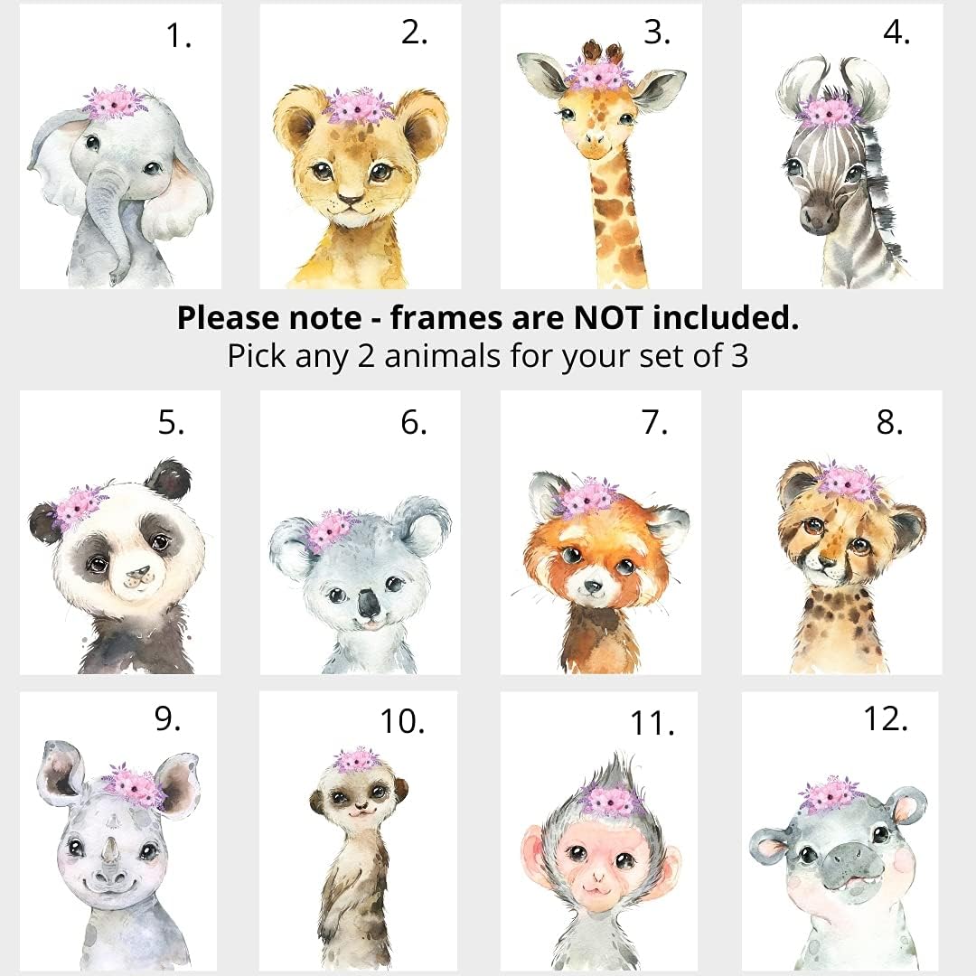 Personalized Safari Animals for Baby Girls Nursery, Set of 3 Unframed Poster Prints, Personalized Name Pink Lilac Floral, Girls Bedroom Decor, Elephant Giraffe (17x22)