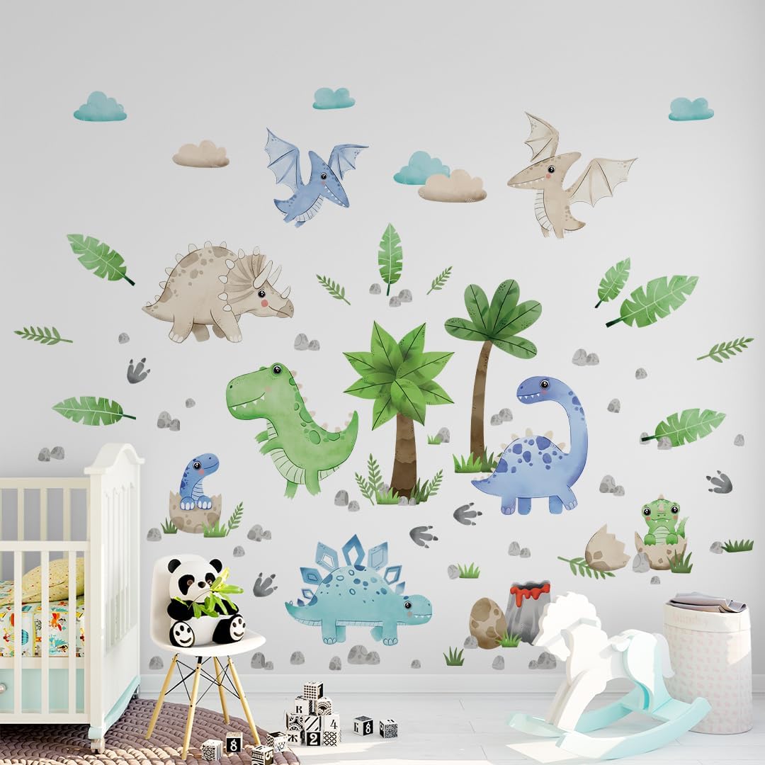 Dinosaur Wall Decals by Lipastick - Peel and Stick Palm Tree Dino Jurassic-Themed Stickers for Baby Nursery, Kids Room, Toddler Bedroom, Playroom, Daycare, Classroom Decor -S Size
