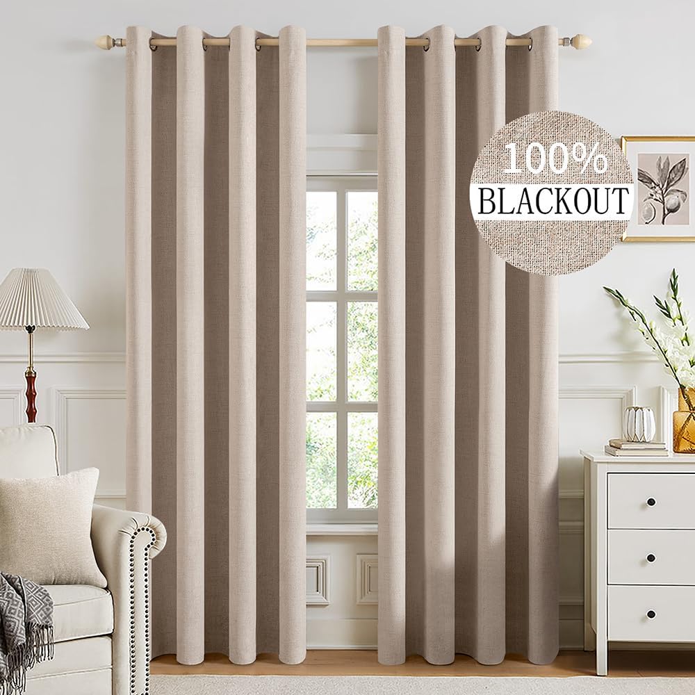 MIULEE 100% Blackout Textured Curtains for Bedroom Solid Thermal Insulated Natural Beige Grommet Room Darkening Curtains & Drapes Luxury Decor for Living Room Nursery 52 x 94 Inch (2 Panels)