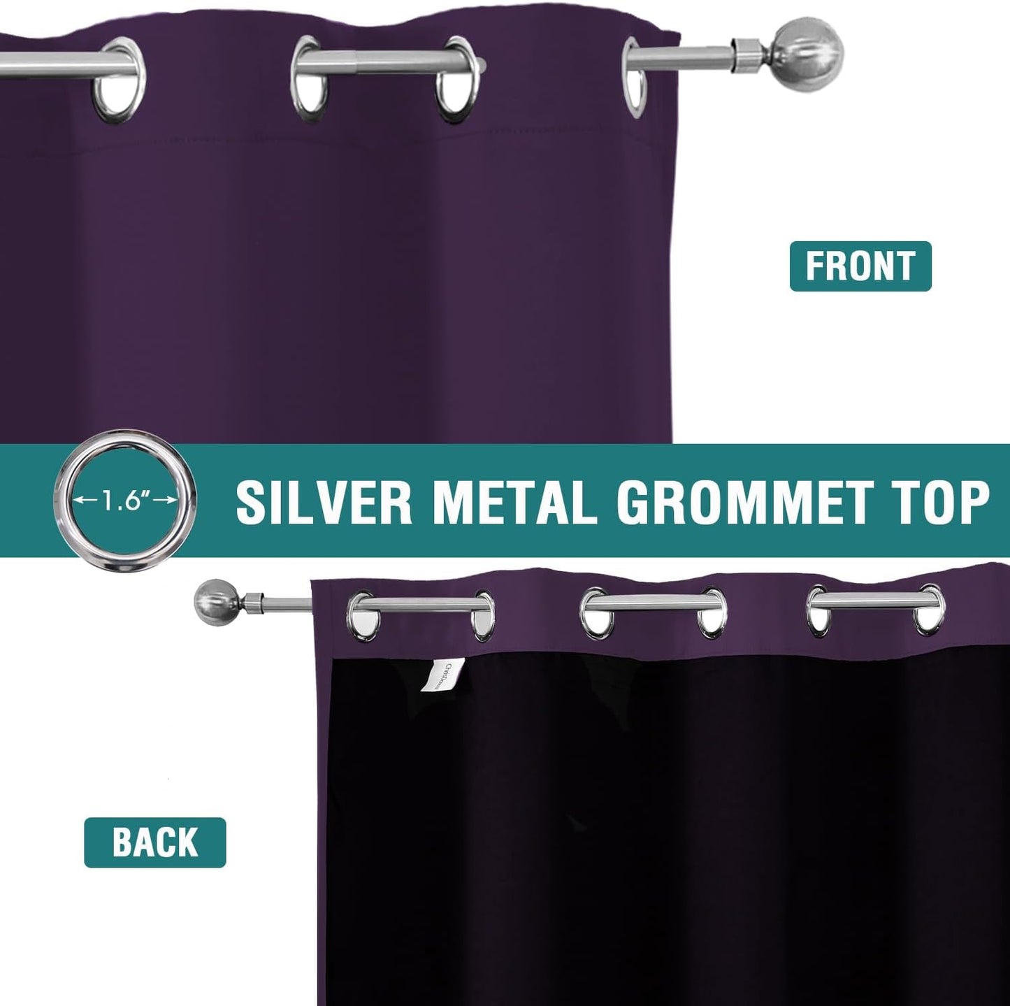 ChrisDowa 100% Blackout Curtains for Bedroom with Black Liner, 2 Thick Layers Total Blackout Thermal Insulated Grommet Window Curtains 2 Panels Set (Royal Purple, 42 x 63 Inch)