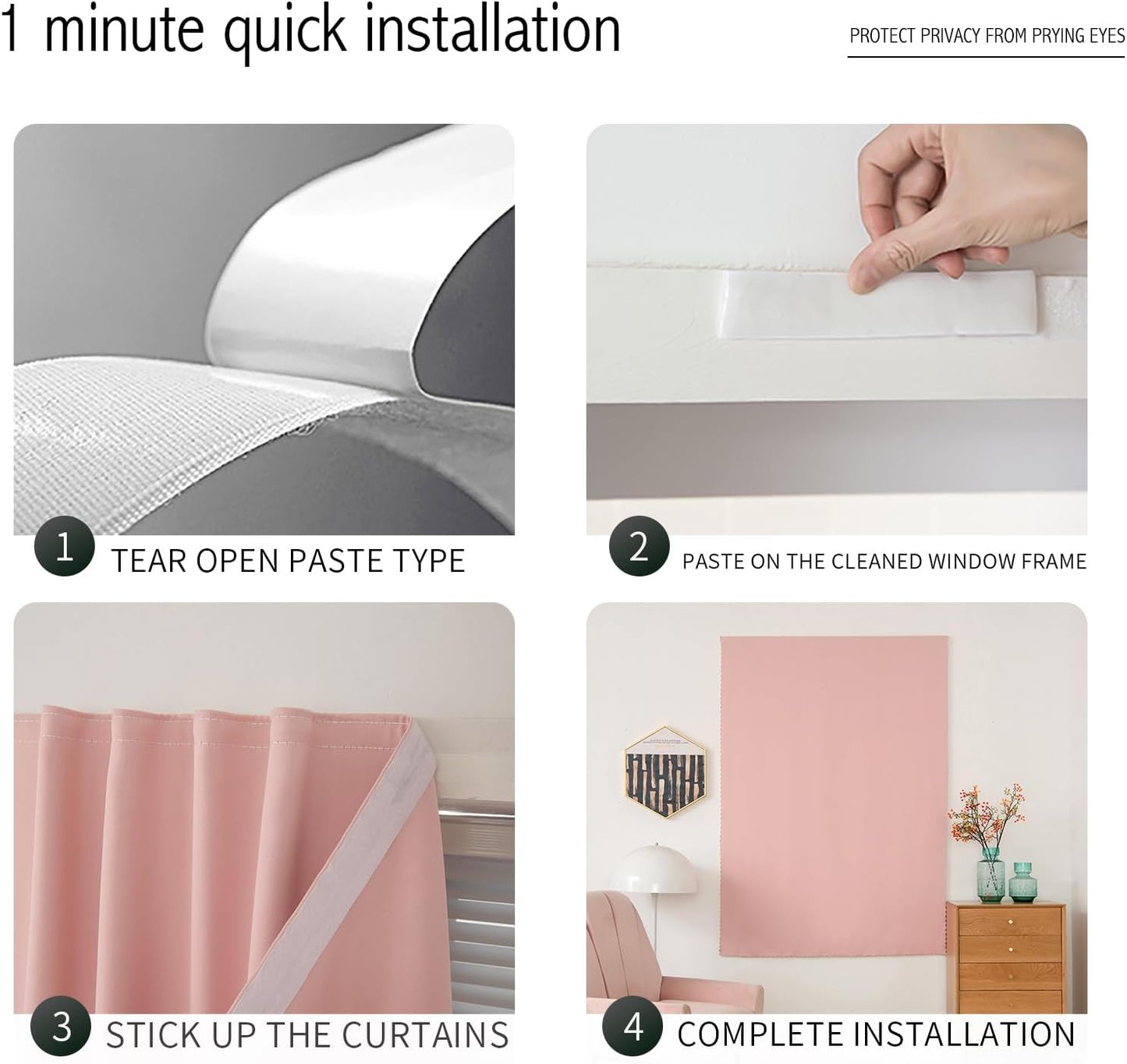 Self Adhesive Blackout Curtains- Stick on Curtains Shades Window Blinds Curtains No Rod Needed Easy to Hang Curtain, Use for Bedroom, Living Room,Roman Shades, 59" W X 59" L, Pink, 1 Panel