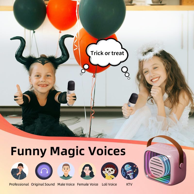 YF93 Kids Karaoke Machine with 7 Voice Effects, Bluetooth & Colorful LED Lights – Portable Singing Toy with Pro, Monster, KTV Modes for Home Parties（Pink）