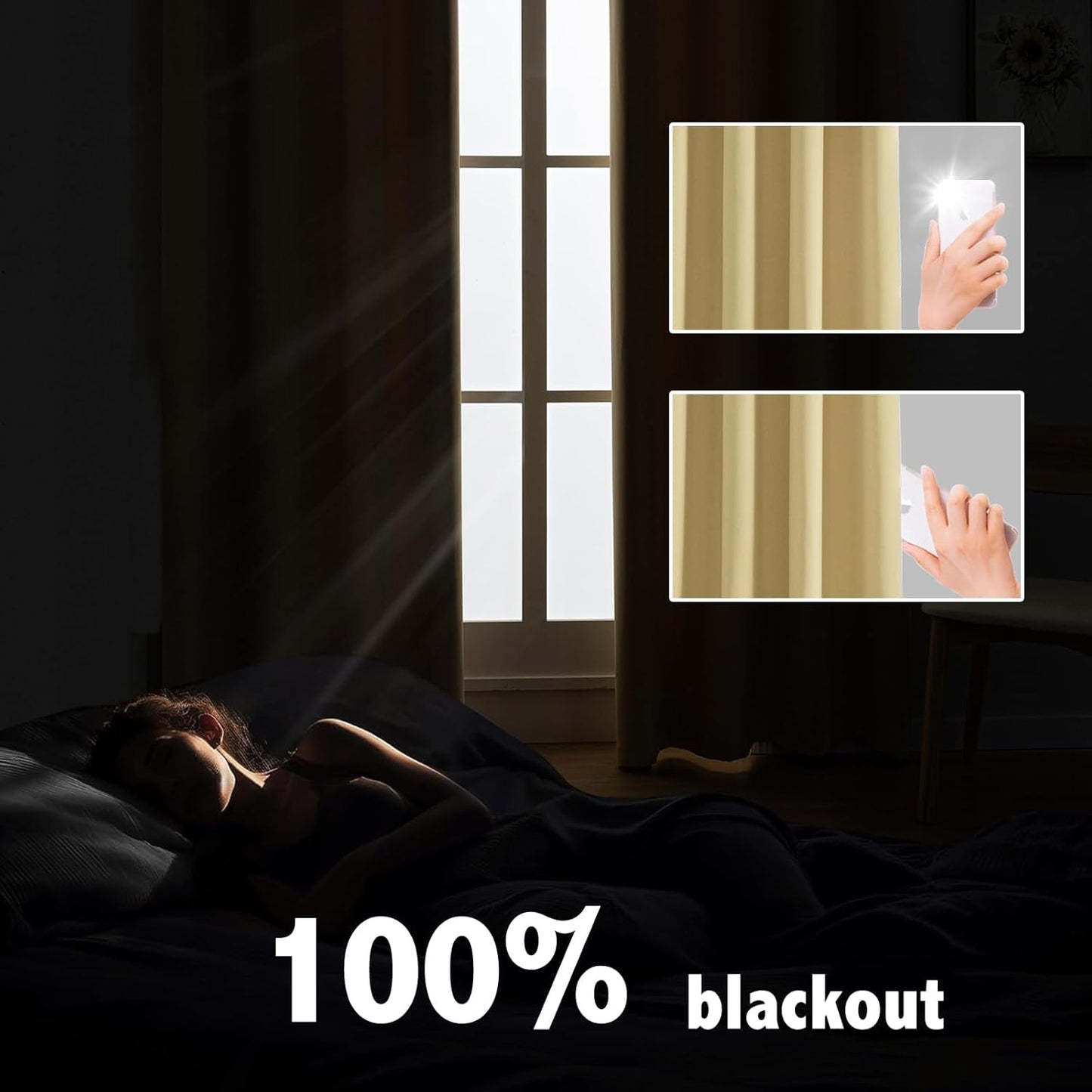 Anytime 100% Blackout Curtain Set, Thermal Insulated & Energy Efficiency Window Draperies for Guest Room, Full Shading Panels for Shift Worker and Light Sleepers（Beige, 2 Panels, 52W x 108L）