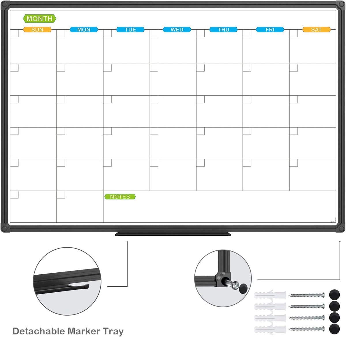 JILoffice Dry Erase Calendar Whiteboard - Magnetic White Board Calendar Monthly 36 X 24 Inch, 2 Pack, Black Aluminium Frame Wall Mounted Board for Office Home and School