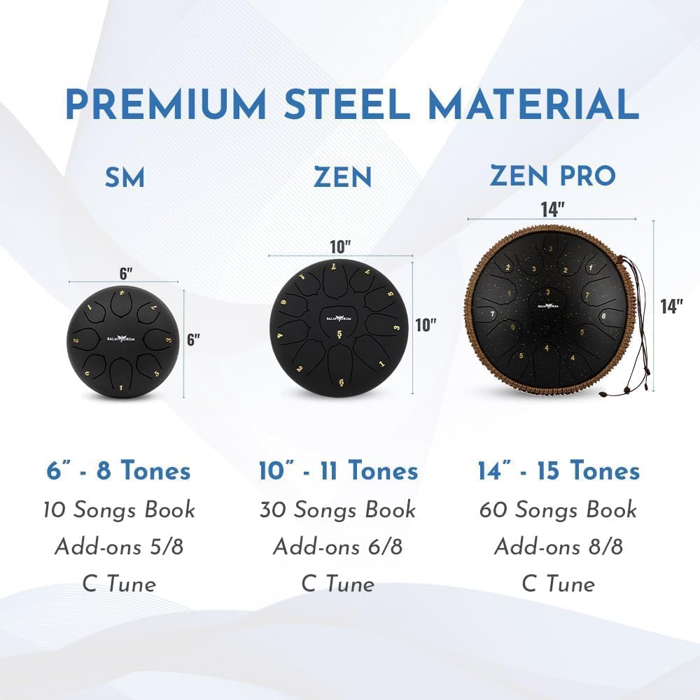 The Balmy Drum - 11 Note 10 Inch Steel Tongue Drum, Steel Drum Instrument, Drums For Children and Adults, Balmy Drum Set for Kids with Music Book, Handpan, Mallet and Carry Bag (Black)