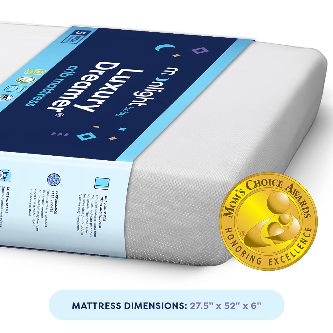 Moonlight Slumber Luxury Dreamer Crib Mattress - Dual-Sided, 2-Stage Baby and Toddler Mattress with Cool Memory Foam Layer and Breathable Mattress Cover - Hypoallergenic and Waterproof - 52"x27.5"x6"