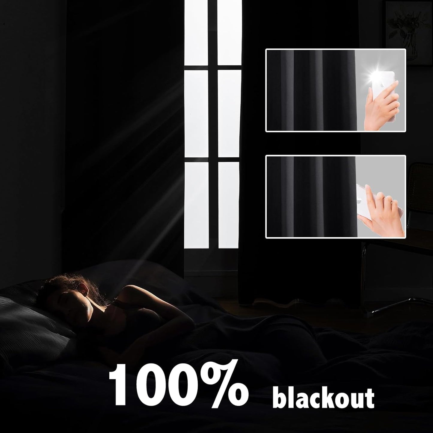 Anytime 100% Blackout Curtain Set, Thermal Insulated & Energy Efficiency Window Draperies for Guest Room, Full Shading Panels for Shift Worker and Light Sleepers（Black, 2 Panels, 42W x 72L）