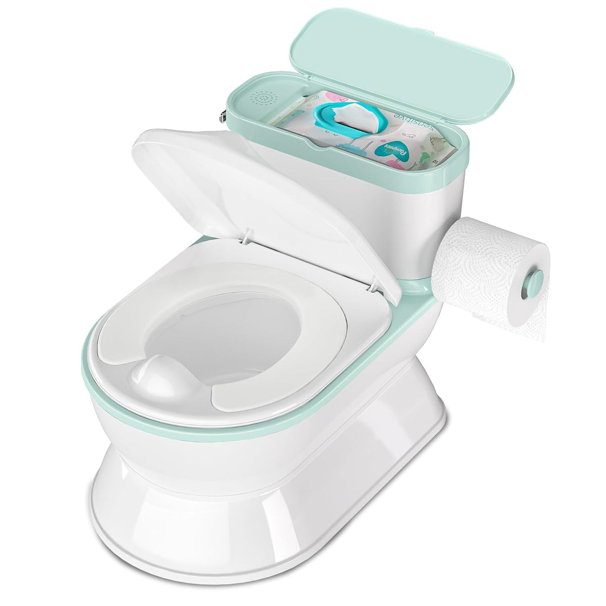 2-in-1 Toddler Potty Training Toilet - Larger Potty Chair & Detachable Training Seat for Boys & Girls Ages 1-3 with Flushing Sound, Wipes Storage, Toilet Paper Holder - Cyan
