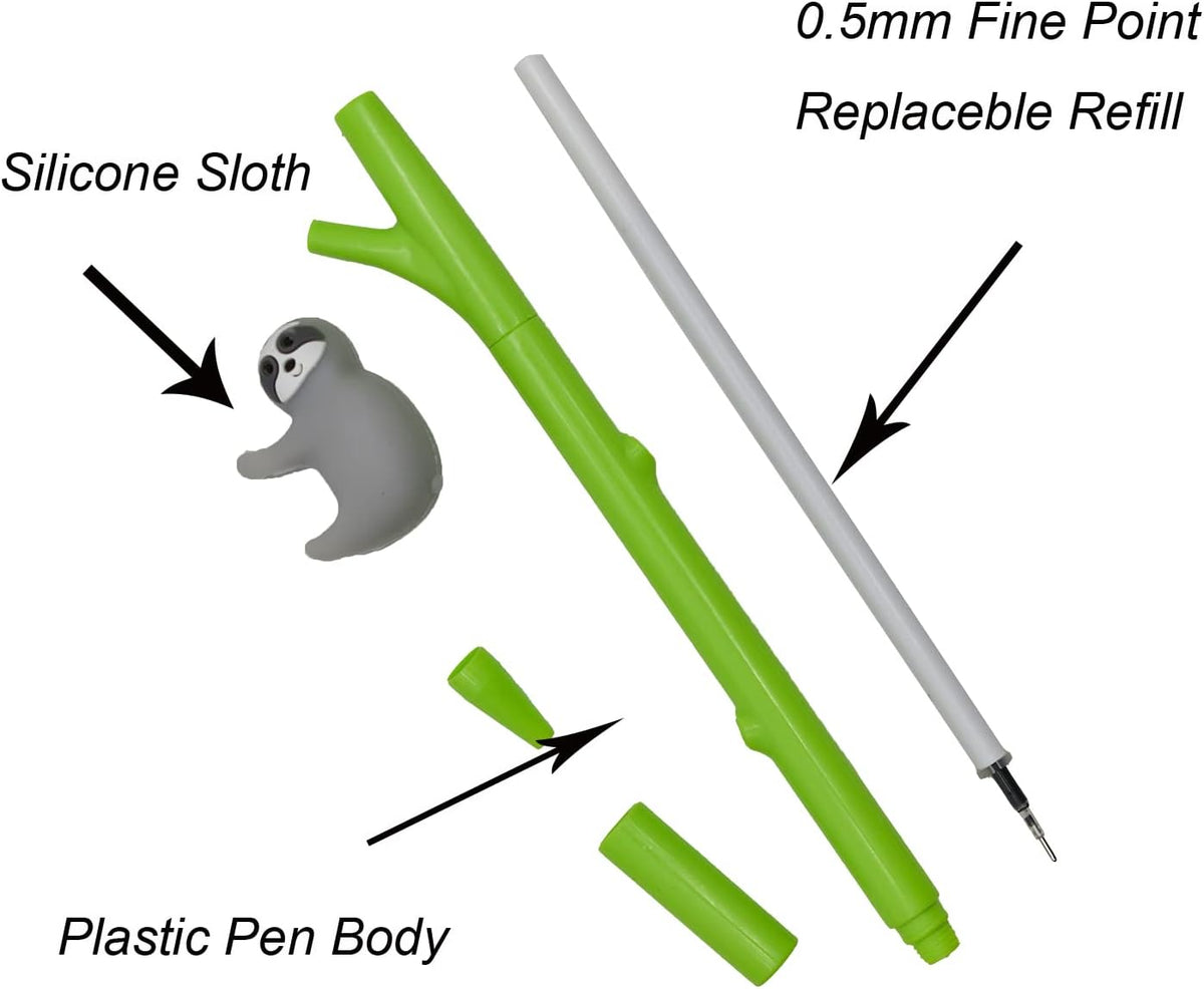 12PCS Cute Animal Pens - 12 Kai Sloth Koala Panda Gel Pens, 0.5mm Black Ink for School, Party & Office