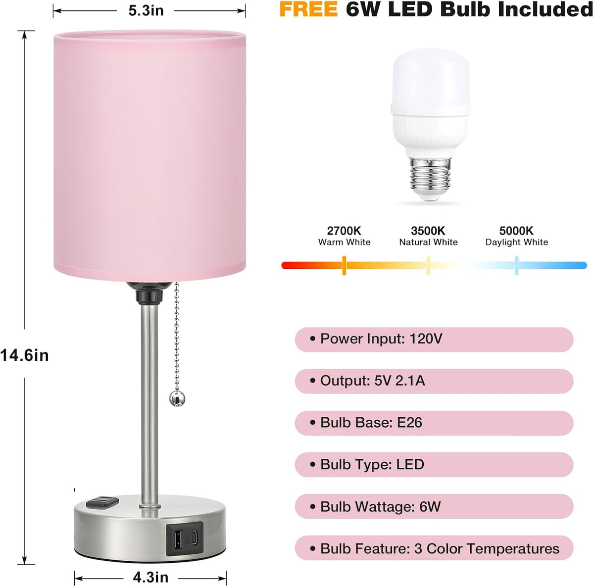 Pink Bedroom Lamp for Bedside - 3 Color Temperatures Desk Lamp with USB C and A Ports, Pull Chain Table Lamp with AC Outlet, Nightstand Lamp with Silver Metal Base for Kids Girls