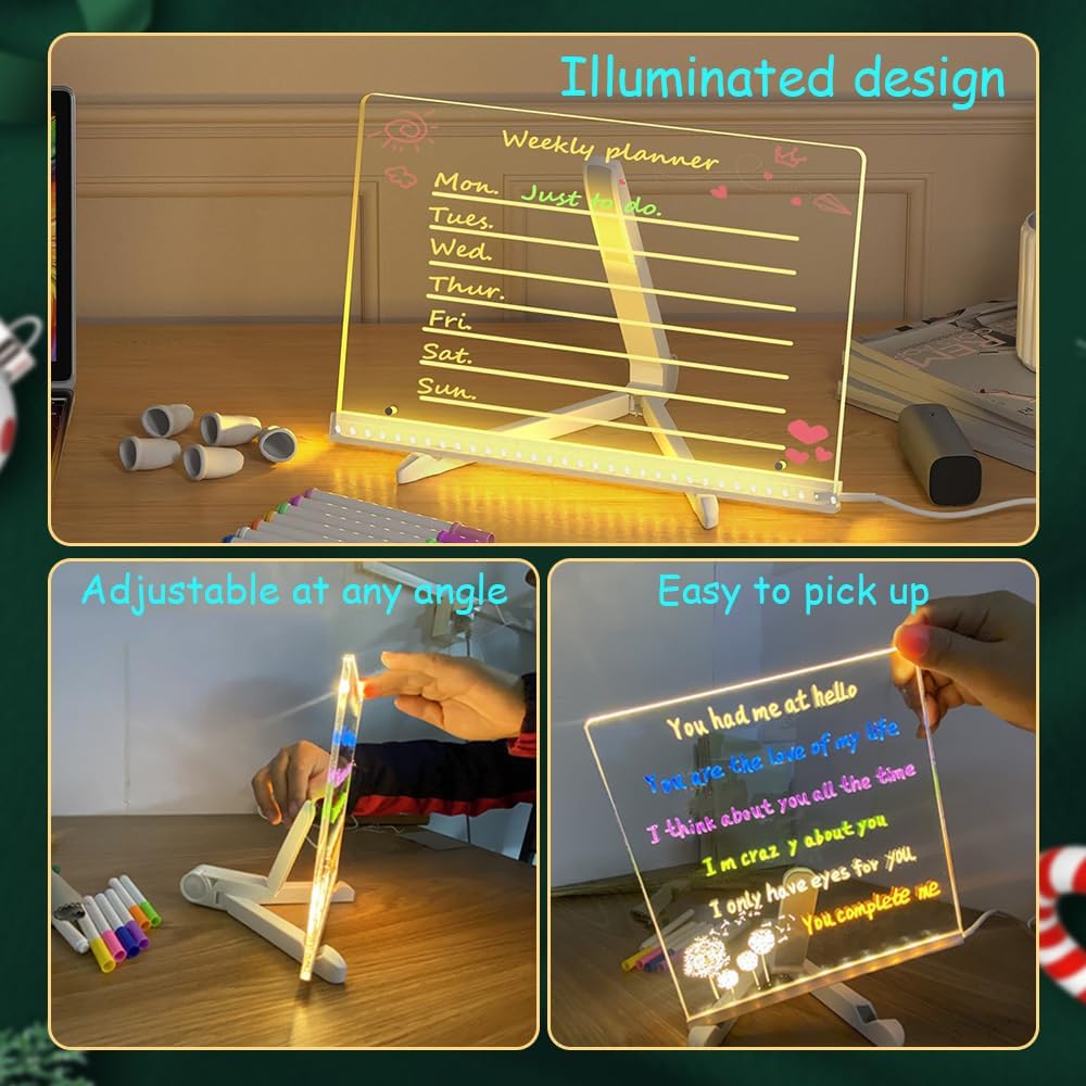 LED Note Board With Colors, Lighted Acrylic Dry Erase Message Board, Illuminated Notepad With Adjustable Stand and 7 Pens (11.8 7.9")