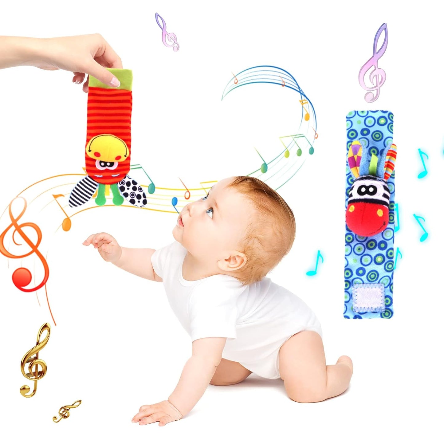 Wrist Rattle Foot Finder Socks Set for Baby Arm Hand Rattle Feet Leg Ankle Socks Newborn Soft Sensory Toys Baby Socks Newborn Rattles Toys Easter Gifts 0-3 6-12 Months Infant Girl Boy