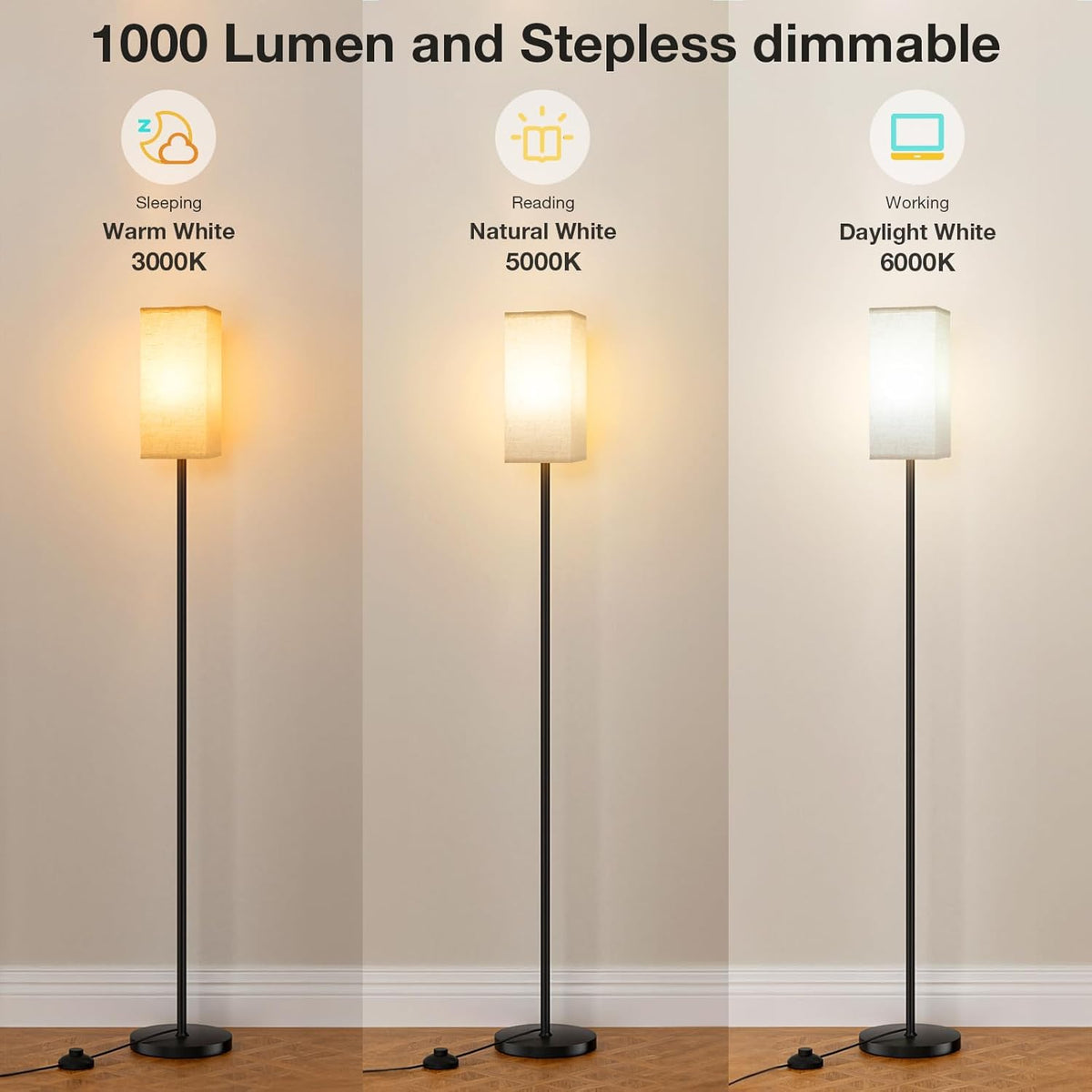 Ambimall Floor Lamps for Living Room & Remote Control, 9W Stepless Dimmable Bulb, Foot Switch, 64'' Tall Standing Lamp, Beige Lampshade(Black)