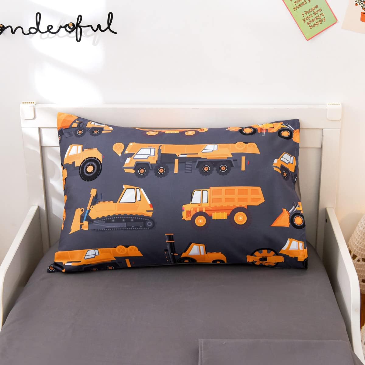 NTBED 4 Pieces Construction Toddler Bedding Set for Baby Boys, Truck Vehicles Excavator Cars Printed, Includes Comforter, Flat Sheet, Fitted Sheet and Pillowcase,Grey