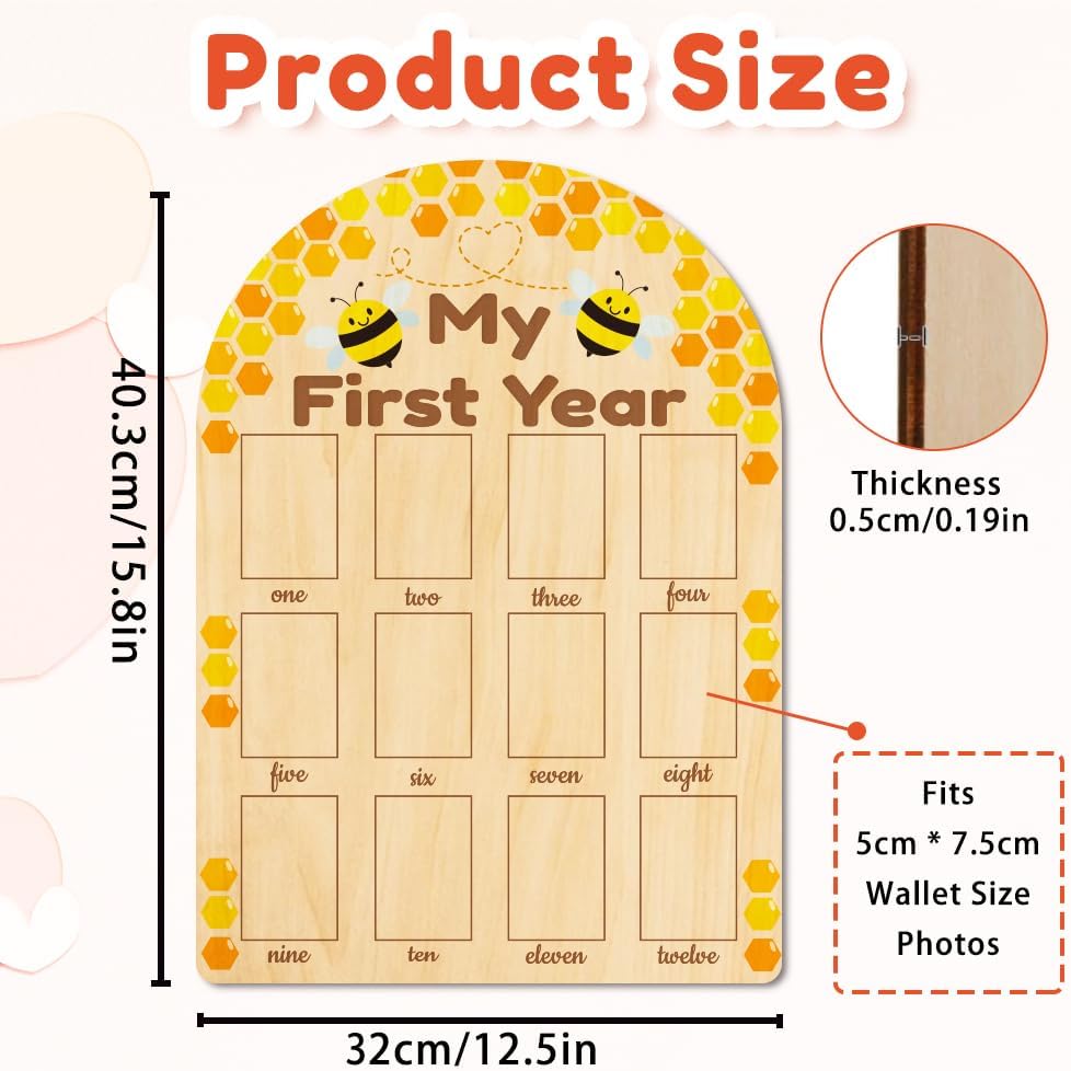ORIGACH My First Year Baby Growth Photo Display Wood Board - 12 Months Newborn Milestones Photo Board - Neutral Baby Keepsake Board 1st Birthday Party Nursery Decor New Mom Gift - Bee