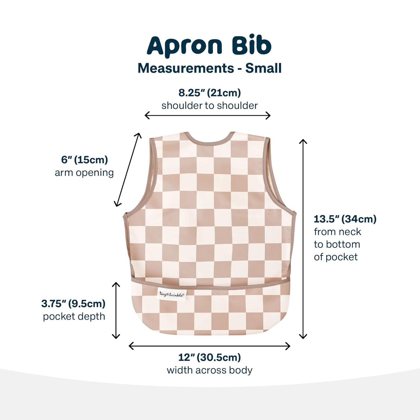 Tiny Twinkle Mess Proof Baby Bib - Waterproof & Lightweight Baby-Led Weaning Apron | 100% Recycled Polyester, Easy Clean & Machine Washable (Brown Checkers, Small 6-24 Months)