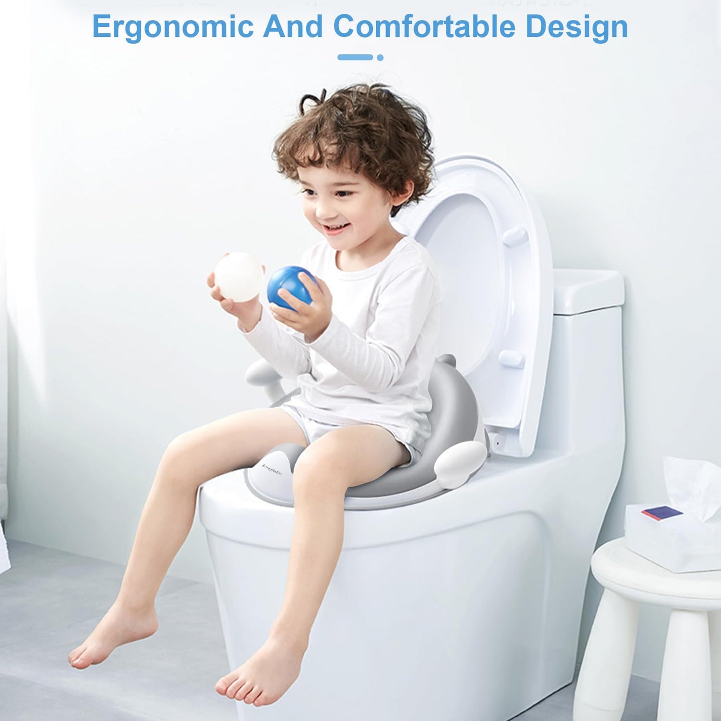 ANGELBLISS Baby Potty Training Toilet Seat with Soft Cushion Handles, Haute Collection, Double Anti-Slip Design and Splash Guard for Boys and Girls (Grey)