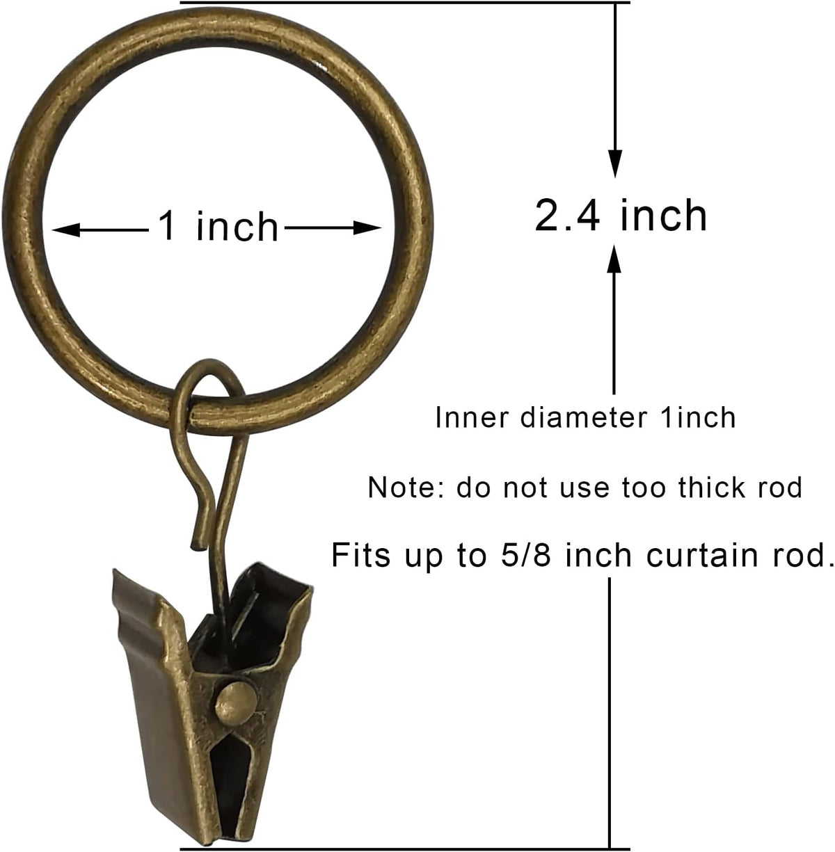 44 Pack Bronze Curtain Rings with Clips, Curtain Hooks Hangers Clip Rings for Hanging Drapes Bows Hat, Drapery Rings 1 in I D, Fits up to 5/8 in Diameter Curtain Rod.