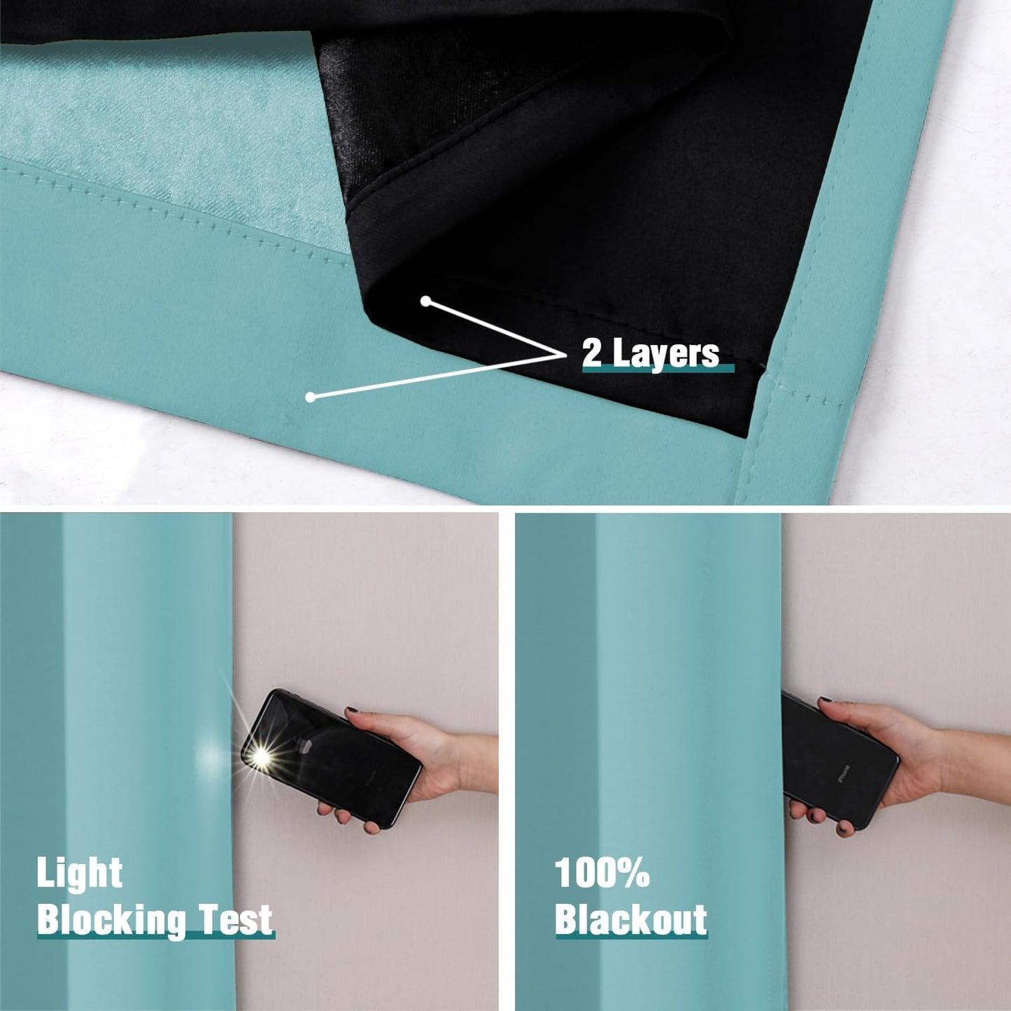 ChrisDowa 100% Blackout Curtains 72 inch Long for Bedroom with Black Liner, 2 Thick Layers Total Blackout Thermal Insulated Grommet Window Curtains 2 Panels Set (Aqua, 52 x 72 Inch)