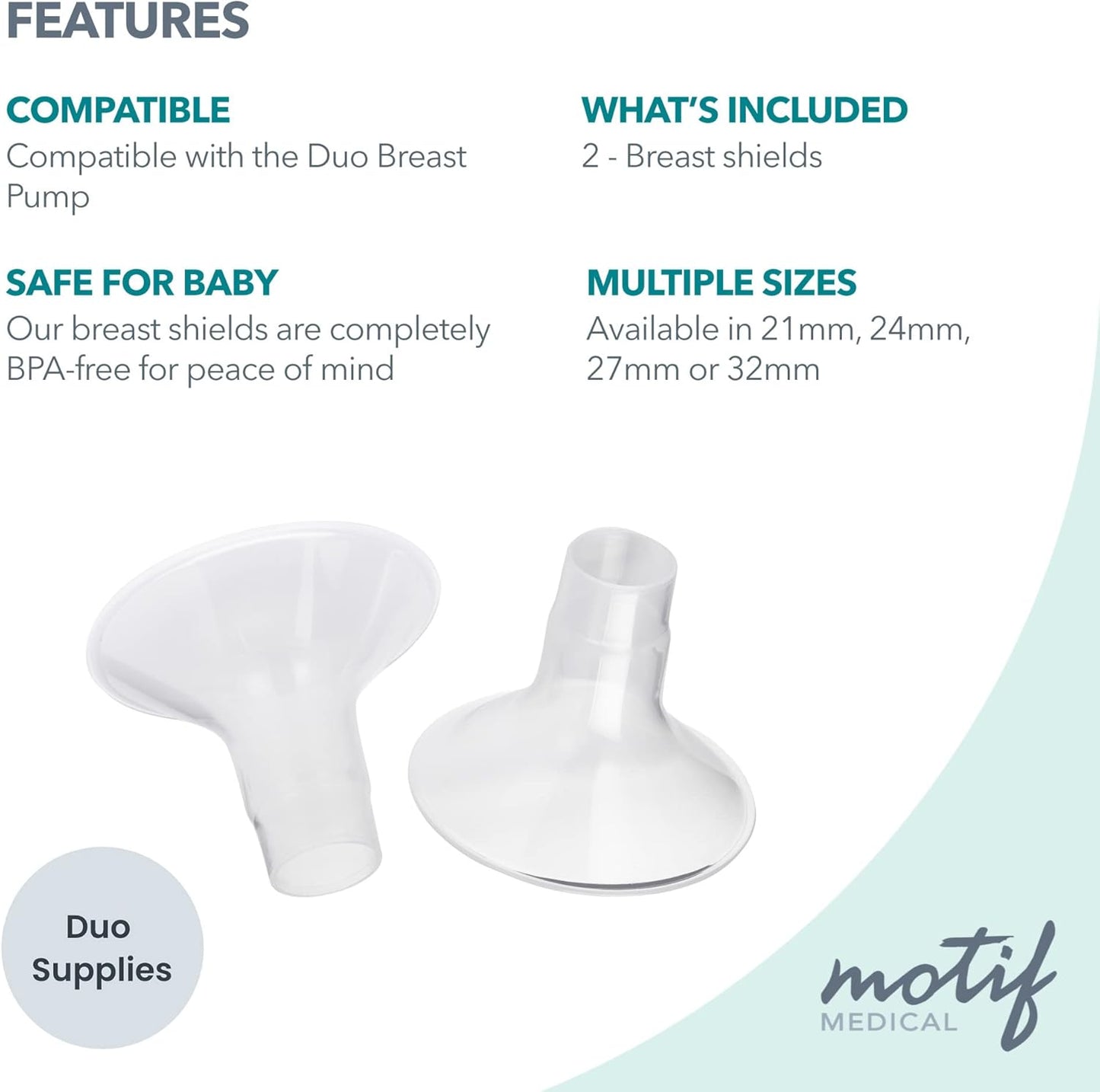 Motif Medical Duo Breast Pump Flange – Comfortable Breast Pump Flanges for Better Milk Flow & Pumping Ease - Ideal Breast Pump Flange Insert for Breastfeeding Moms (2 Shields, 32mm)