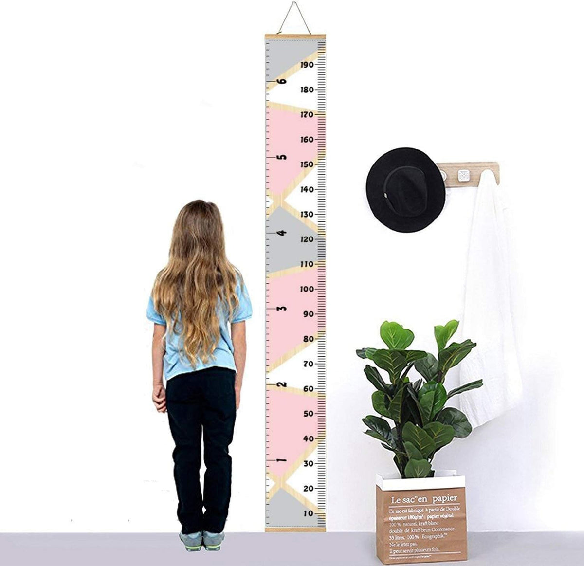 Kids Growth Chart, Wood Frame Fabric Canvas Height Measurement Ruler from Baby to Adult for Child's Room Decoration 7.9 x 79in (7.9 x 79in, Pink & Grey)